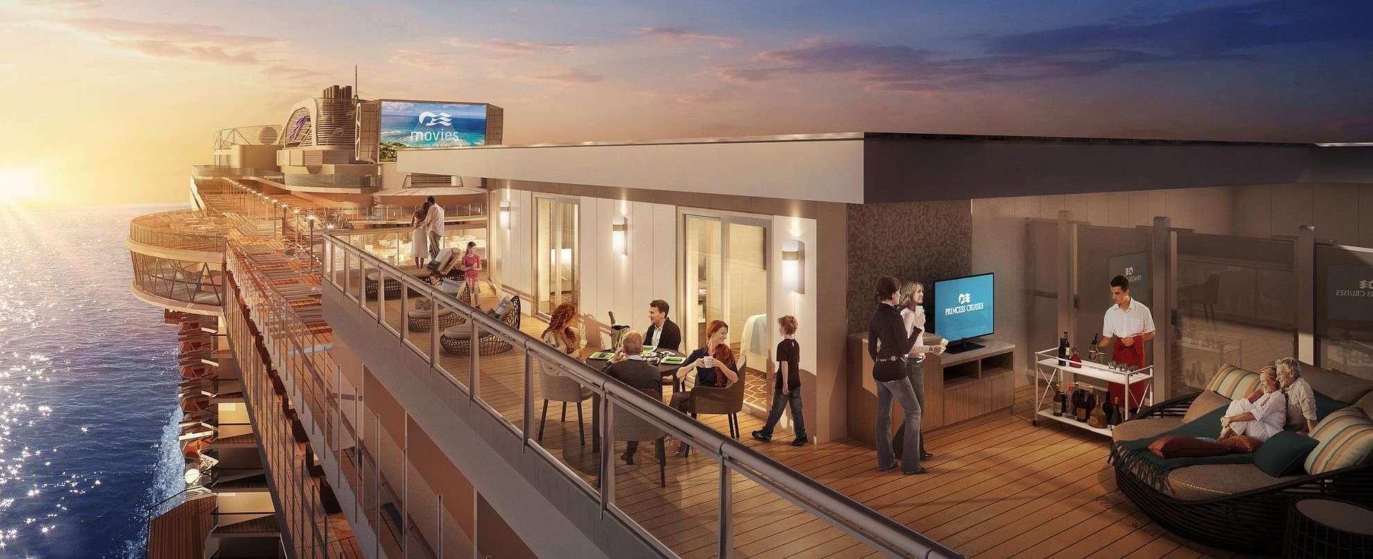 A panoramic view of a cruise ship deck featuring an outdoor movie screen and lounge area with passengers enjoying various activities during a sunset at sea.