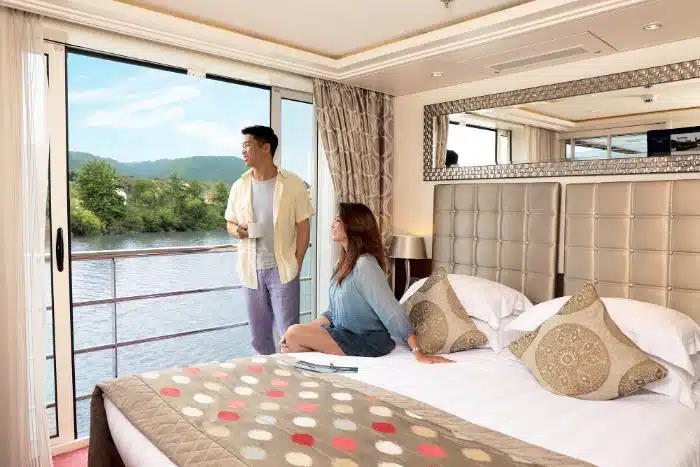 AmaWaterways elegant stateroom with twin balcony