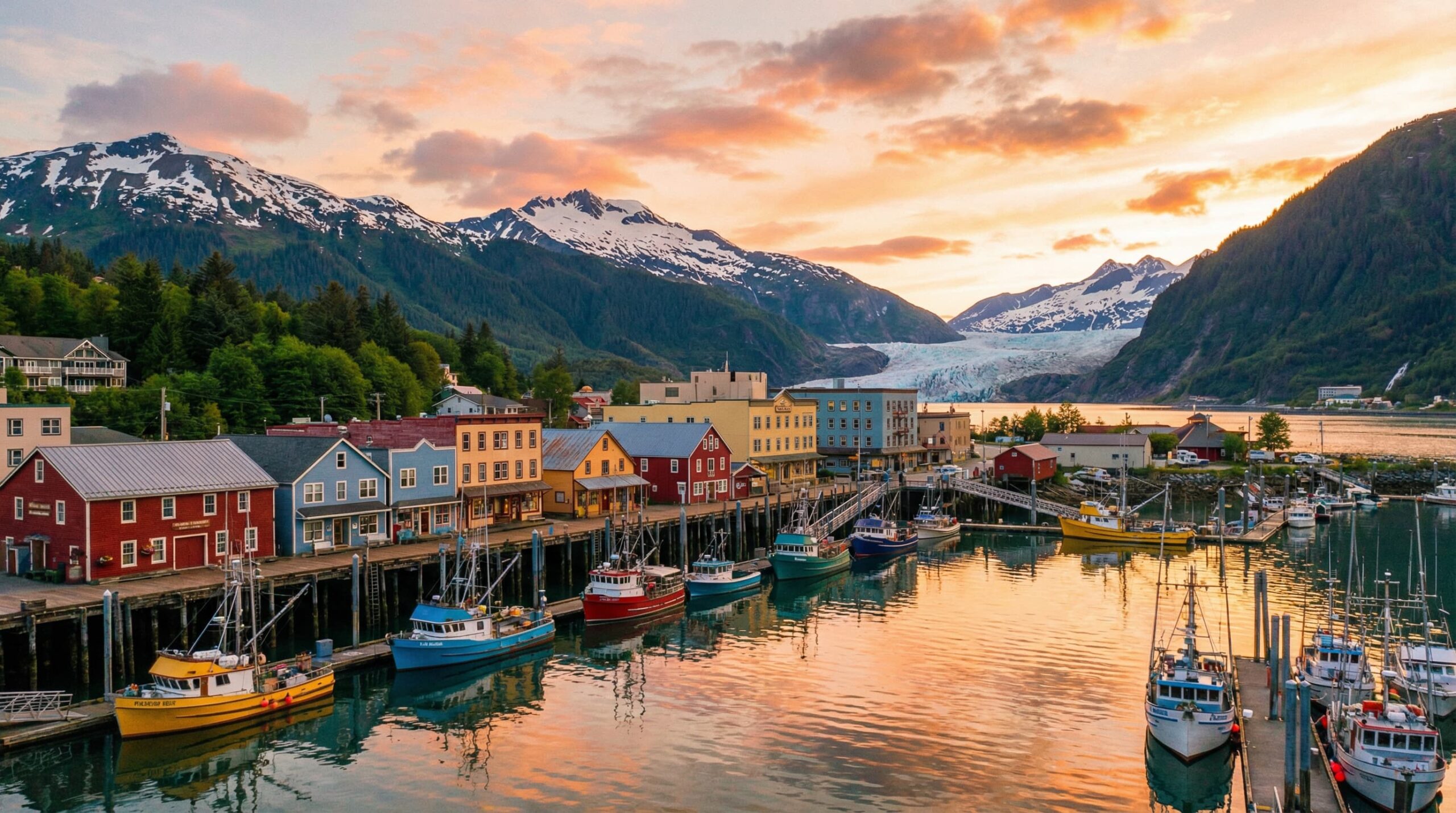 A picturesque view of a colorful Alaskan fishing harbor with vibrant boats docked along wooden piers, backed by snow-capped mountains and a distant glacier at sunset.