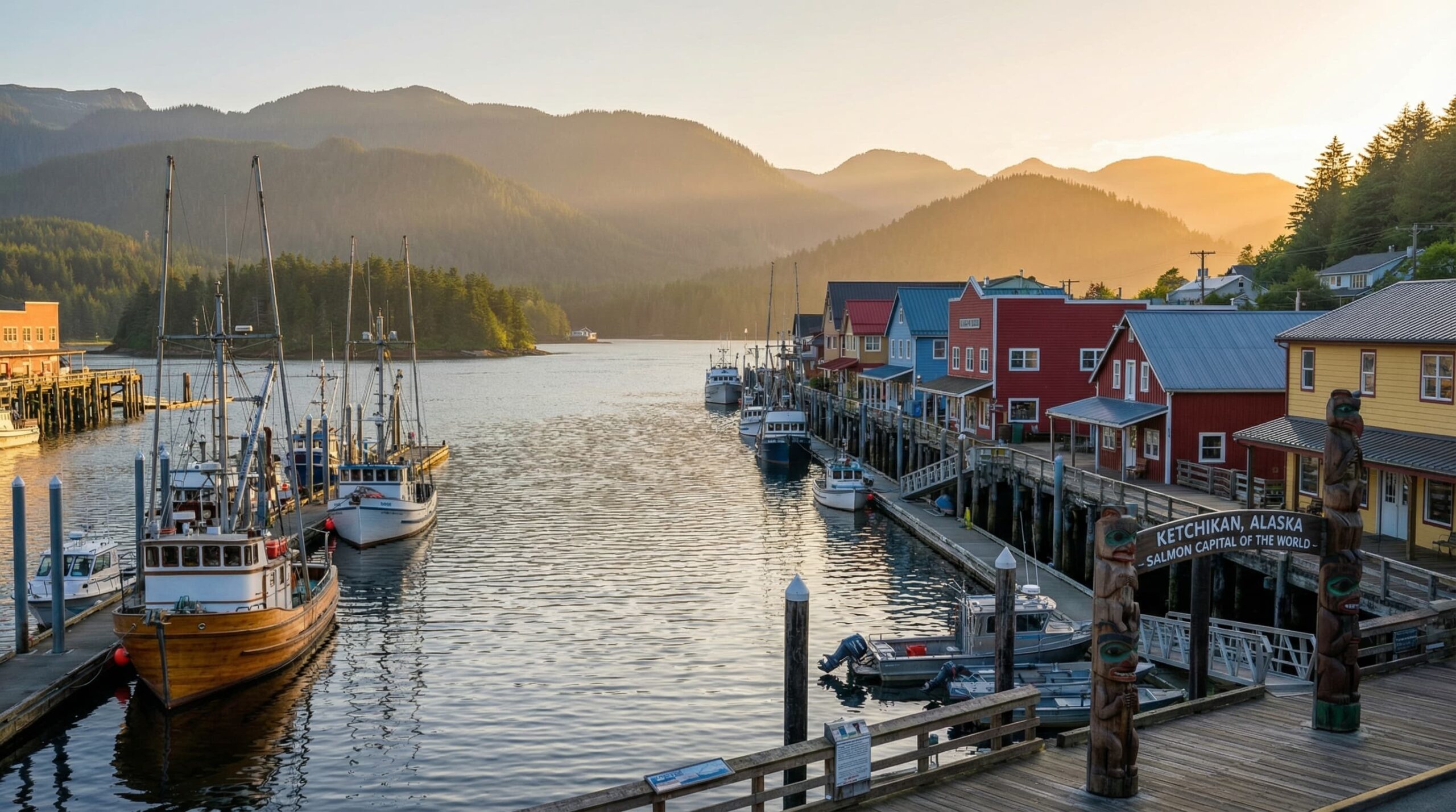 A picturesque harbor view of Ketchikan, Alaska, featuring colorful waterfront buildings, fishing boats, and mountains at golden hour, showcasing the town's maritime character.