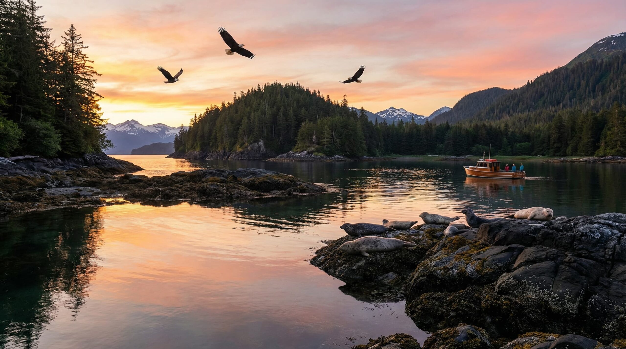 A breathtaking coastal scene featuring a small boat, seals on rocky shores, and bald eagles soaring against a vibrant sunset in a lush Alaskan landscape with snow-capped mountains.