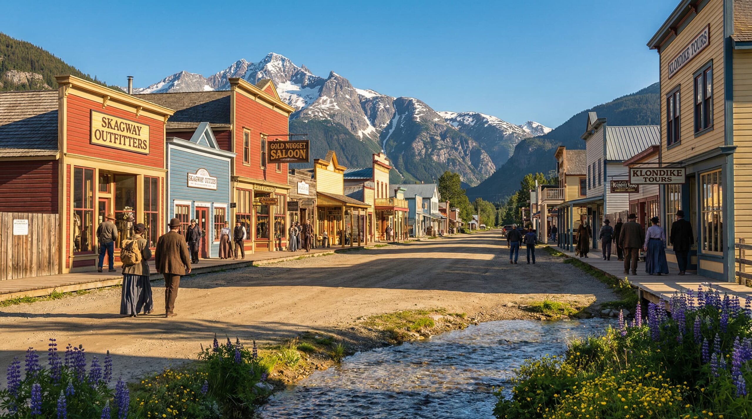 A picturesque historic street in Skagway, Alaska, featuring preserved gold rush-era buildings with snow-capped mountain peaks in the background. A small stream runs through the foreground, lined with purple lupine flowers.