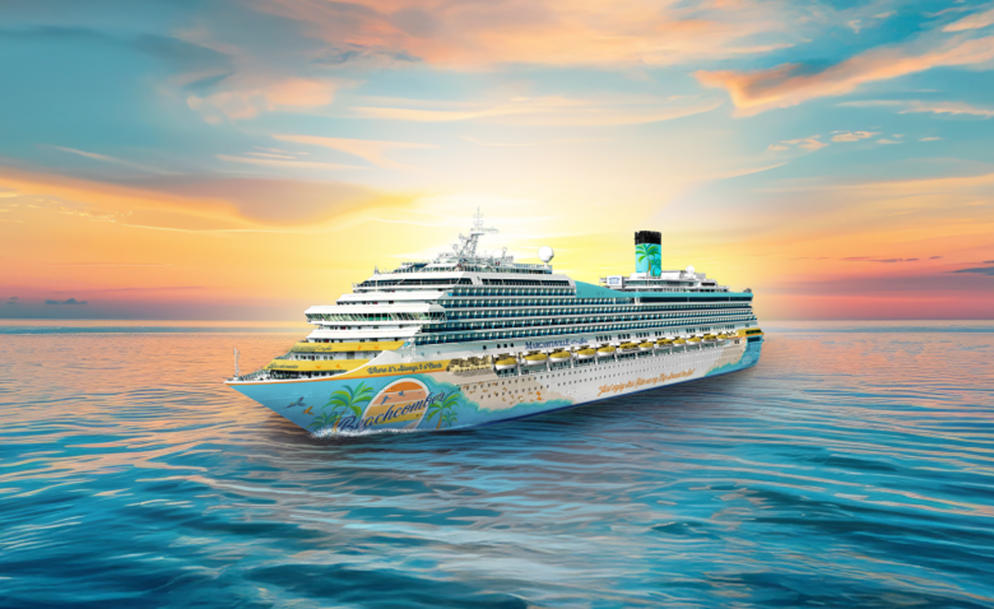 A large cruise ship sailing on calm turquoise waters during a stunning sunset with warm orange and yellow sky. The ship features tropical-themed graphics and appears to be part of a Caribbean cruise line.
